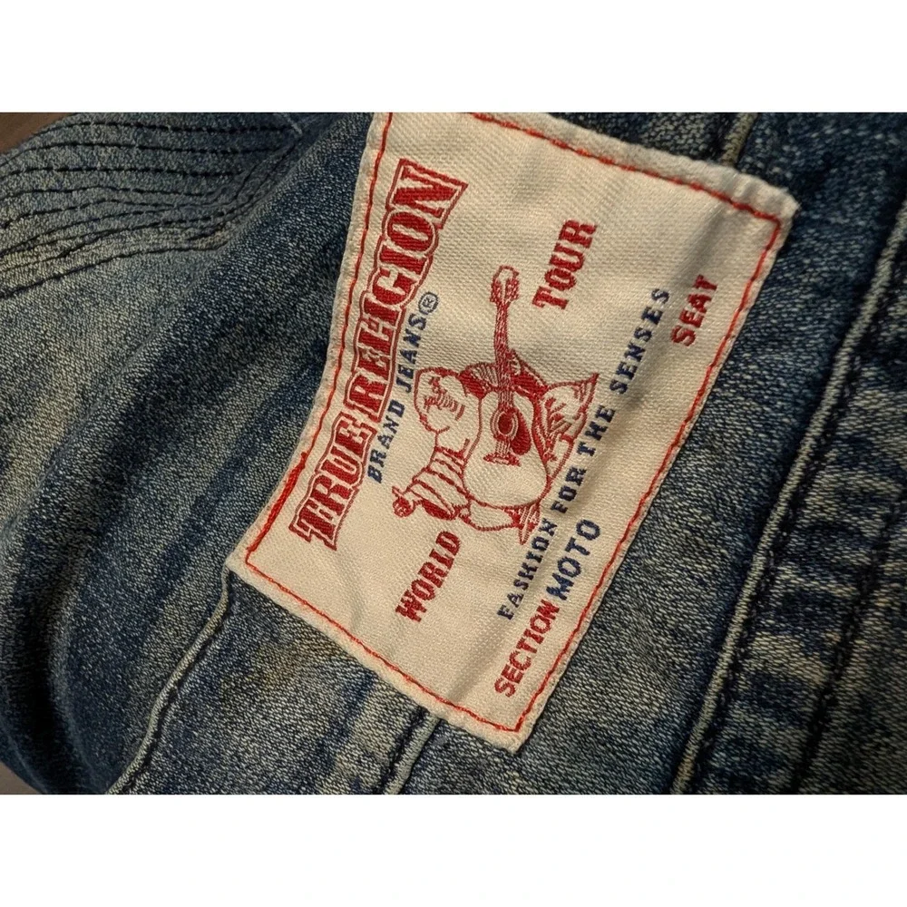 True Religion Moto Section Slim Biker Jeans Blue Denim Ribbed Knee Mens 34